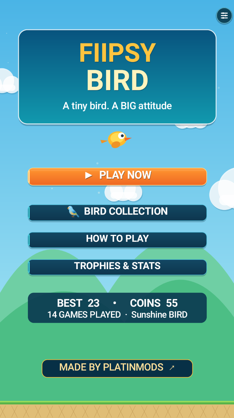 Fiipsy Bird main menu with Play Now, Bird Collection and Trophies & Stats